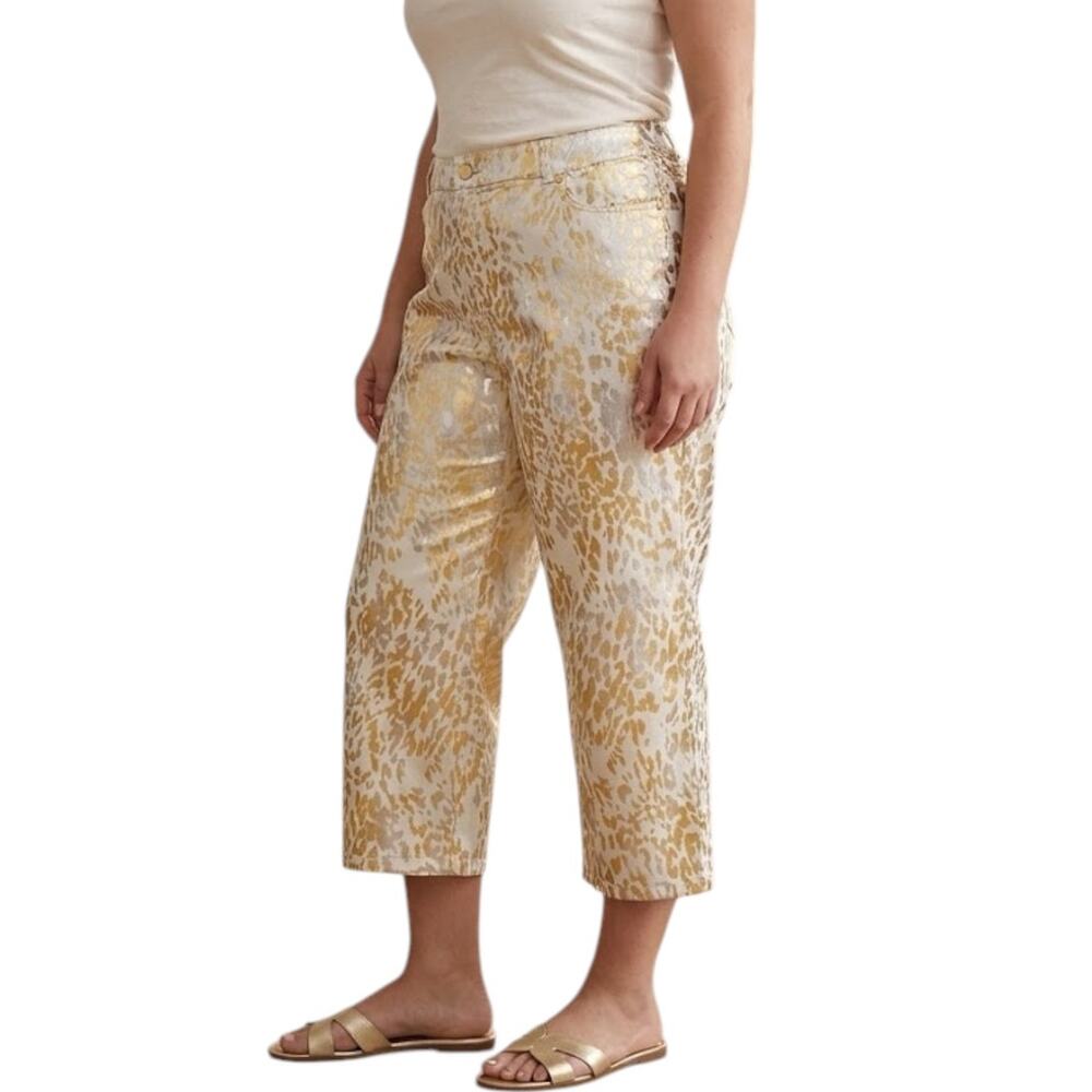 Chico's Platinum Denim Jeans Women's Size 14 Cream Gold Silver Foil Animal Print